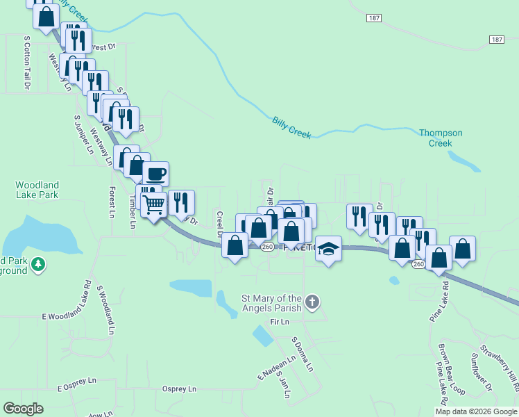 map of restaurants, bars, coffee shops, grocery stores, and more near 65 Adair Drive in Pinetop-Lakeside