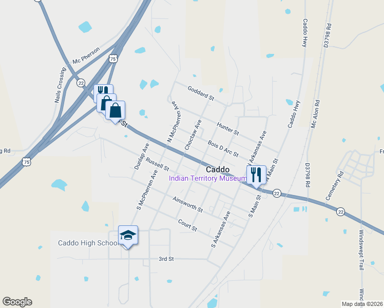 map of restaurants, bars, coffee shops, grocery stores, and more near 406 Buffalo Street in Caddo