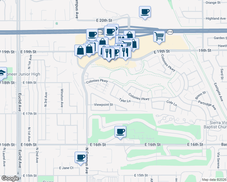 map of restaurants, bars, coffee shops, grocery stores, and more near 1777 Erika Way in Upland