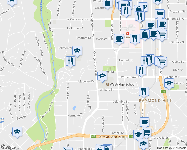 map of restaurants, bars, coffee shops, grocery stores, and more near 1045 South Orange Grove Boulevard in Pasadena