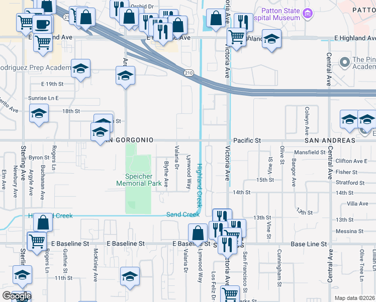 map of restaurants, bars, coffee shops, grocery stores, and more near 2644 Byron Street in Highland