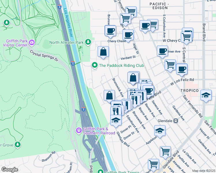 map of restaurants, bars, coffee shops, grocery stores, and more near 4164 Edenhurst Avenue in Los Angeles