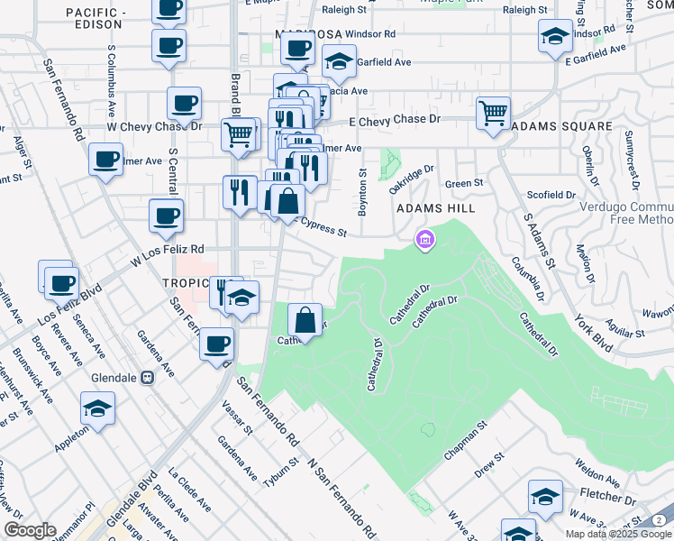 map of restaurants, bars, coffee shops, grocery stores, and more near 428 Mission Road in Glendale