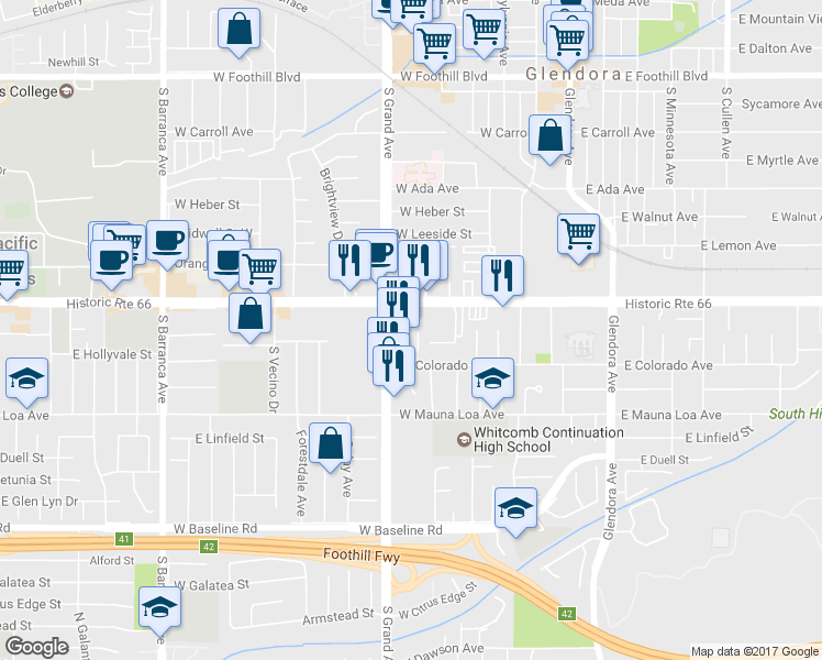 map of restaurants, bars, coffee shops, grocery stores, and more near 615 Stiteswood Avenue in Glendora