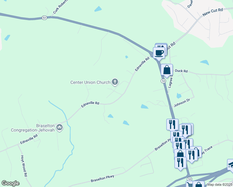 map of restaurants, bars, coffee shops, grocery stores, and more near 49 Ednaville Circle in Braselton