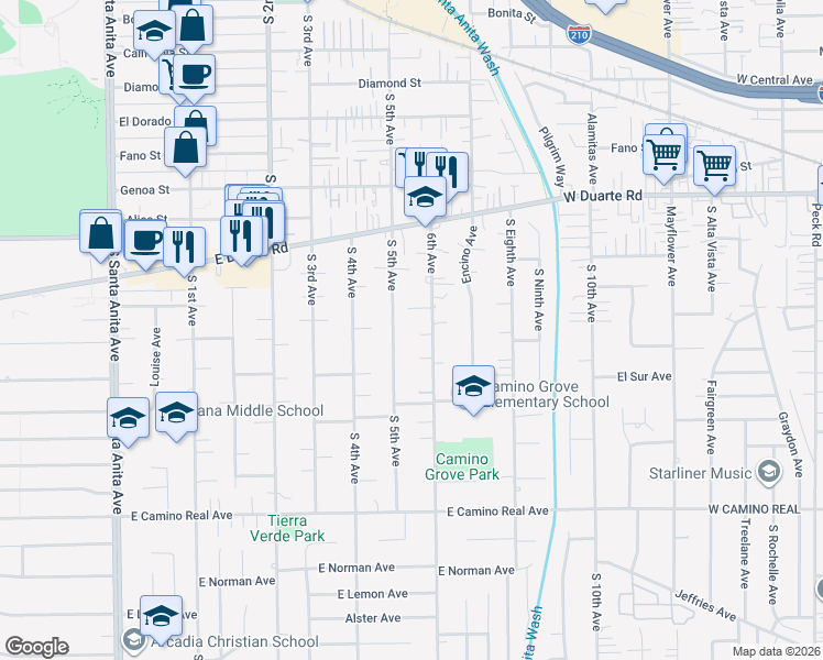 map of restaurants, bars, coffee shops, grocery stores, and more near 1106 Fifth Avenue in Arcadia