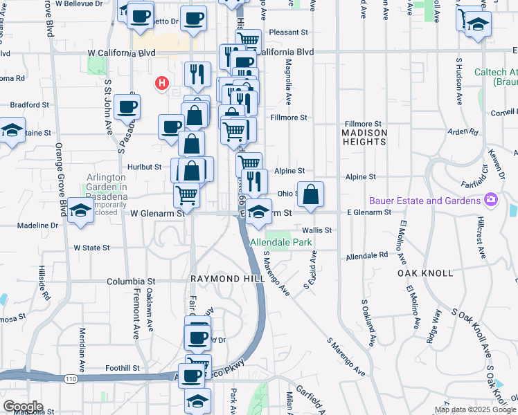 map of restaurants, bars, coffee shops, grocery stores, and more near in Pasadena