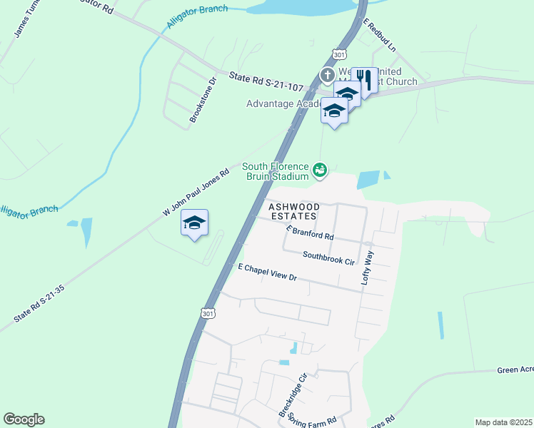 map of restaurants, bars, coffee shops, grocery stores, and more near 107 East Branford Road in Florence