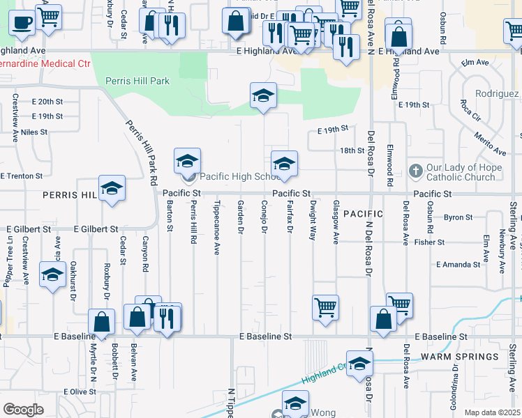 map of restaurants, bars, coffee shops, grocery stores, and more near 6948 Conejo Drive in San Bernardino