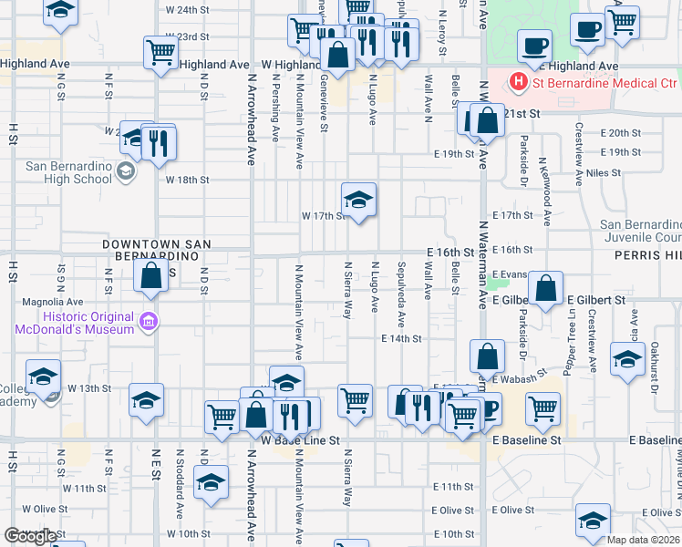 map of restaurants, bars, coffee shops, grocery stores, and more near 1554 North Sierra Way in San Bernardino