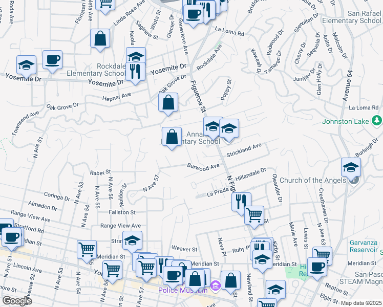 map of restaurants, bars, coffee shops, grocery stores, and more near 728 Onarga Avenue in Los Angeles