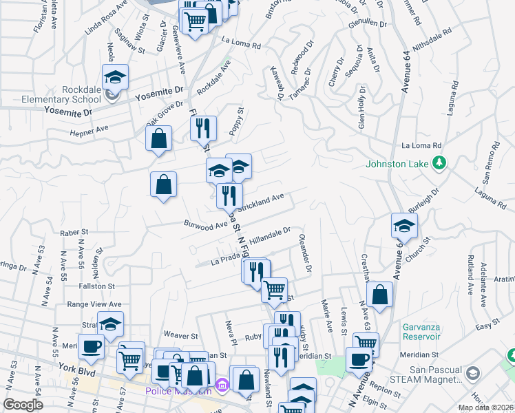 map of restaurants, bars, coffee shops, grocery stores, and more near 6150 Strickland Avenue in Los Angeles