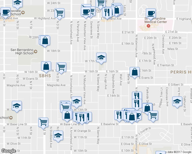 map of restaurants, bars, coffee shops, grocery stores, and more near 1554 North Sierra Way in San Bernardino