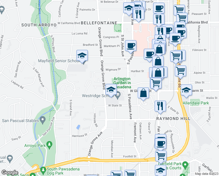 map of restaurants, bars, coffee shops, grocery stores, and more near in Pasadena