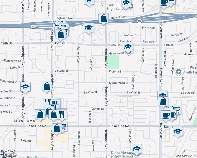 map of restaurants, bars, coffee shops, grocery stores, and more near 6948 Cambridge Avenue in Rancho Cucamonga