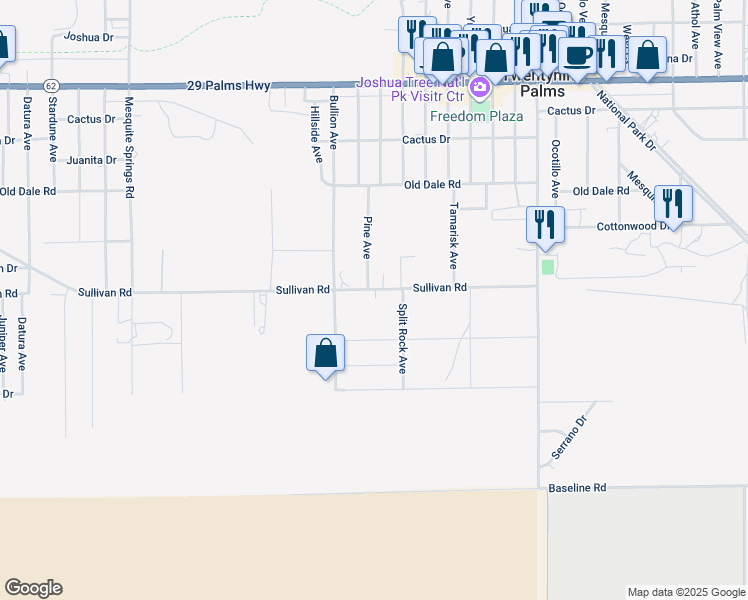 map of restaurants, bars, coffee shops, grocery stores, and more near 73377 Sullivan Road in Twentynine Palms