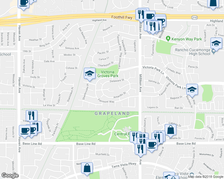 map of restaurants, bars, coffee shops, grocery stores, and more near 11116 Trenton Court in Rancho Cucamonga