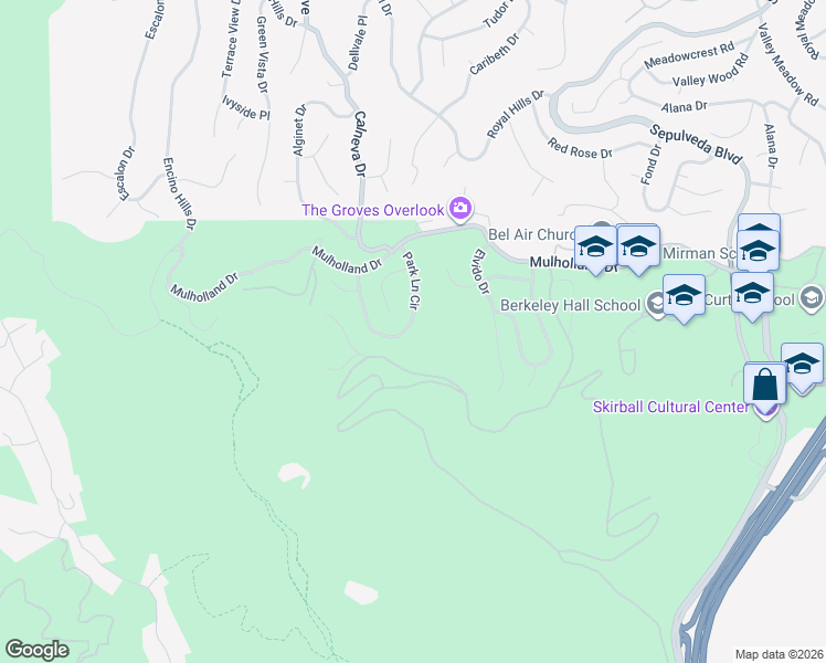 map of restaurants, bars, coffee shops, grocery stores, and more near 16560 Park Lane Circle in Los Angeles