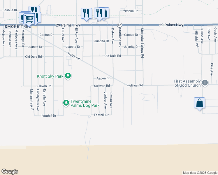 map of restaurants, bars, coffee shops, grocery stores, and more near 72649 Sullivan Road in Twentynine Palms