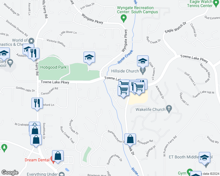 map of restaurants, bars, coffee shops, grocery stores, and more near 244 Park Place in Woodstock