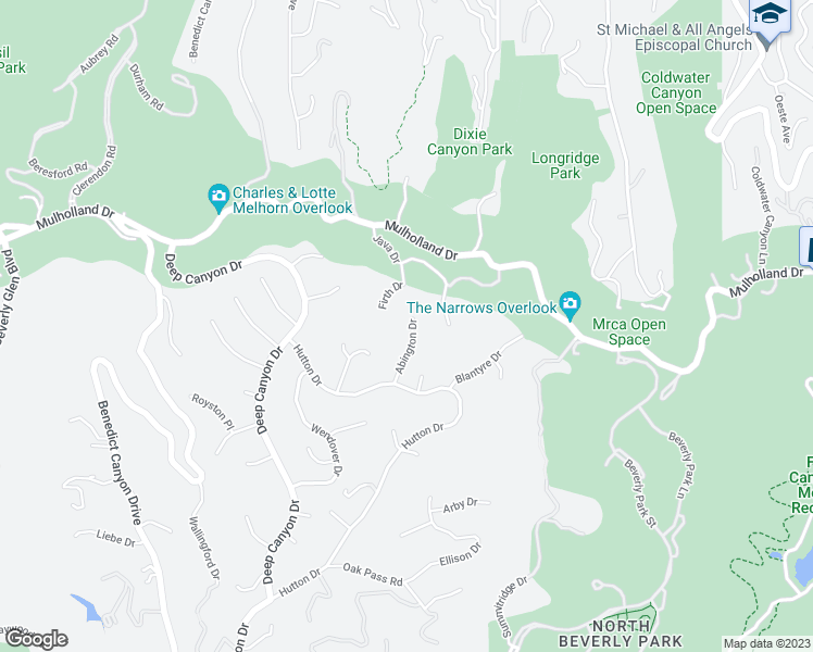 map of restaurants, bars, coffee shops, grocery stores, and more near 3171 Abington Drive in Beverly Hills