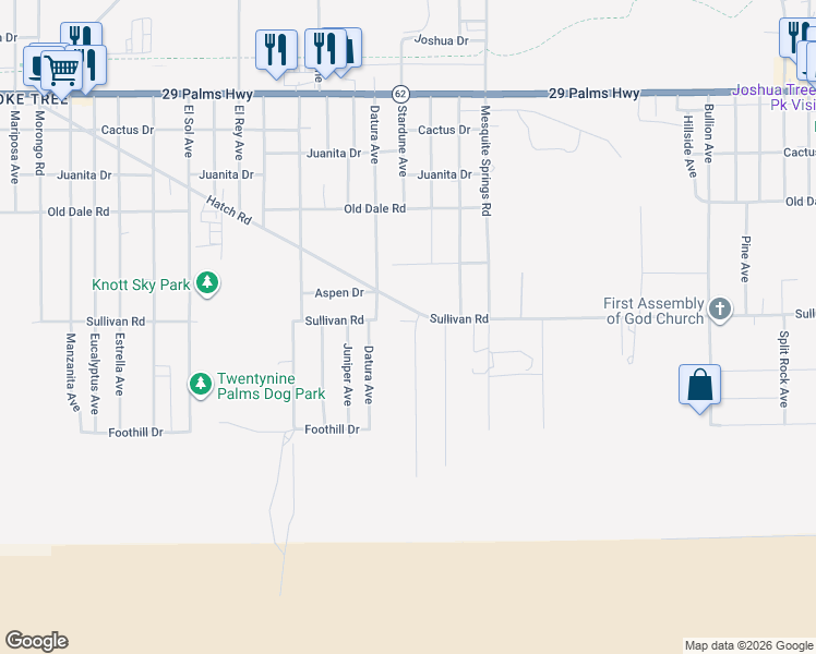map of restaurants, bars, coffee shops, grocery stores, and more near 6908 Stardune Avenue in Twentynine Palms