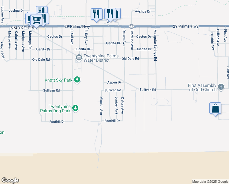 map of restaurants, bars, coffee shops, grocery stores, and more near 72649 Sullivan Road in Twentynine Palms
