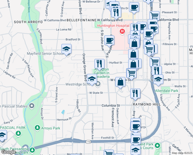 map of restaurants, bars, coffee shops, grocery stores, and more near 300 Arlington Drive in Pasadena