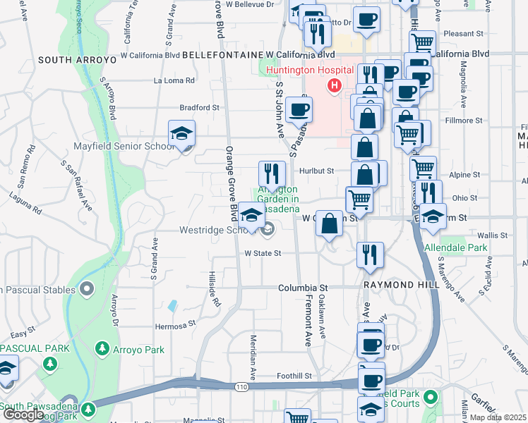 map of restaurants, bars, coffee shops, grocery stores, and more near 304 Arlington Drive in Pasadena