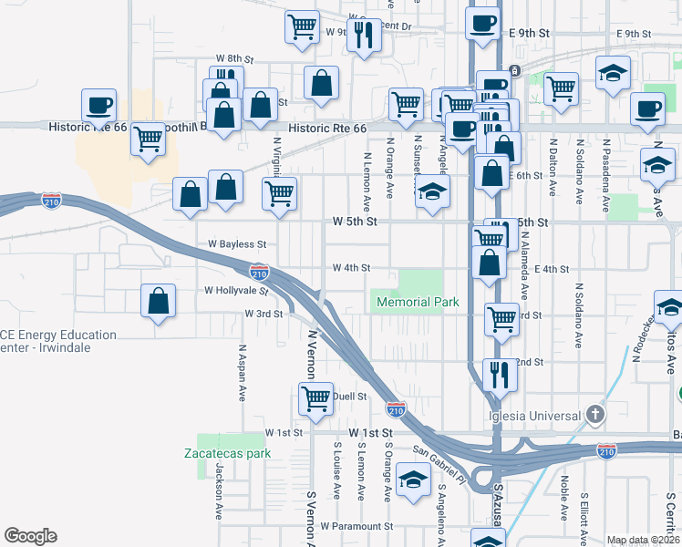 map of restaurants, bars, coffee shops, grocery stores, and more near 702 West 4th Street in Azusa