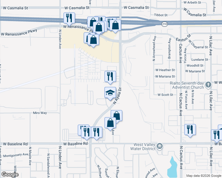 map of restaurants, bars, coffee shops, grocery stores, and more near 1188 Leiske Drive in Rialto