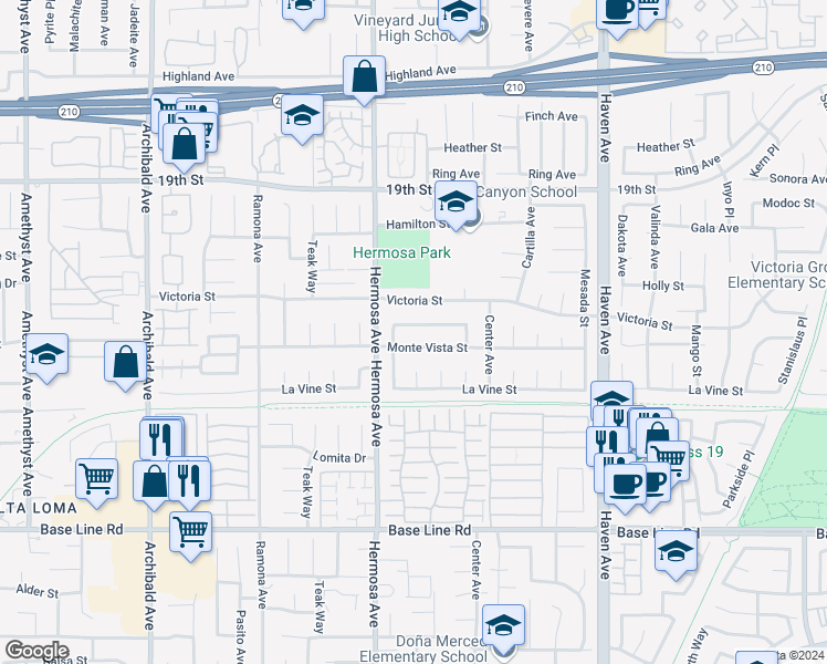 map of restaurants, bars, coffee shops, grocery stores, and more near 10165 Golden Yarrow Lane in Rancho Cucamonga
