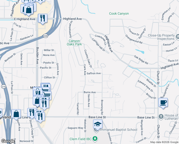 map of restaurants, bars, coffee shops, grocery stores, and more near 28332 Saffron Avenue in Highland
