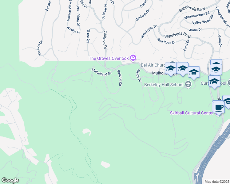 map of restaurants, bars, coffee shops, grocery stores, and more near 16601 Park Lane Circle in Los Angeles
