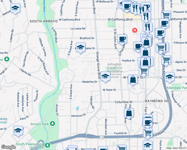 map of restaurants, bars, coffee shops, grocery stores, and more near 432 Arlington Drive in Pasadena