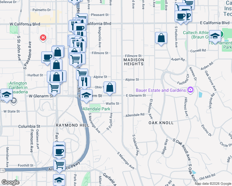 map of restaurants, bars, coffee shops, grocery stores, and more near 1025 South Los Robles Avenue in Pasadena