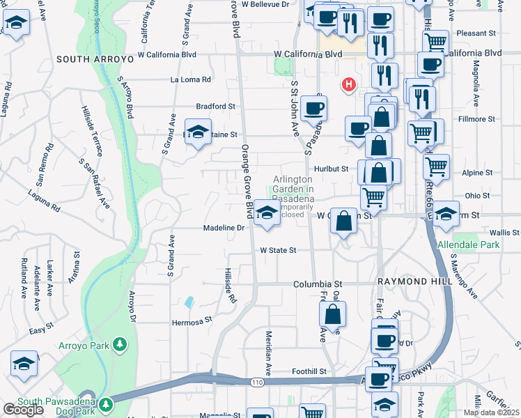 map of restaurants, bars, coffee shops, grocery stores, and more near 1040 Arlington Drive in Pasadena