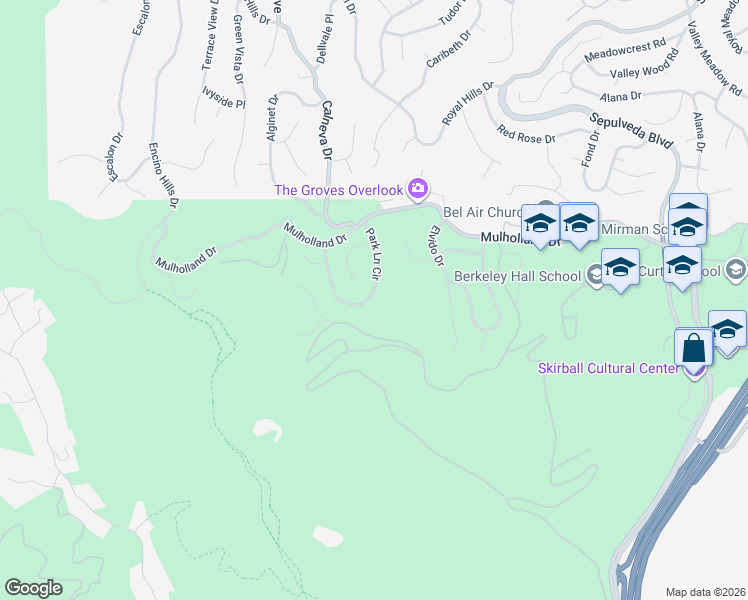 map of restaurants, bars, coffee shops, grocery stores, and more near 16560 Park Lane Circle in Los Angeles