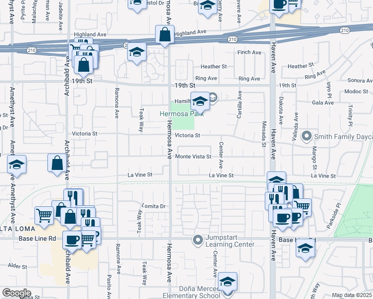 map of restaurants, bars, coffee shops, grocery stores, and more near 10165 Golden Yarrow Lane in Rancho Cucamonga