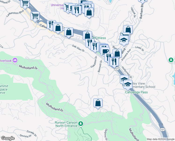 map of restaurants, bars, coffee shops, grocery stores, and more near 3180 Oakshire Drive in Los Angeles