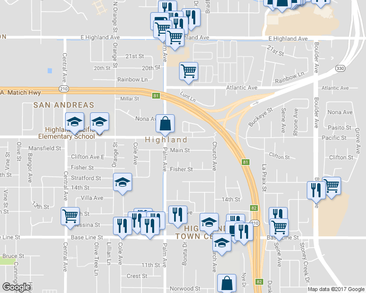 map of restaurants, bars, coffee shops, grocery stores, and more near 6931 Center Street in Highland