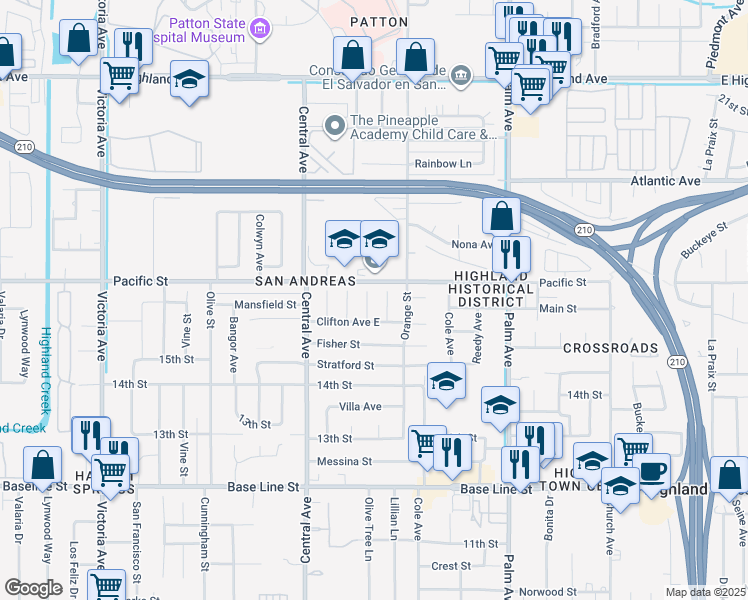map of restaurants, bars, coffee shops, grocery stores, and more near 1575 Olive Tree Lane in Highland
