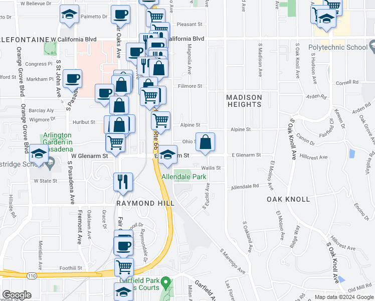 map of restaurants, bars, coffee shops, grocery stores, and more near 273 East Glenarm Street in Pasadena