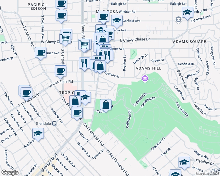 map of restaurants, bars, coffee shops, grocery stores, and more near 418 Roads End Street in Glendale