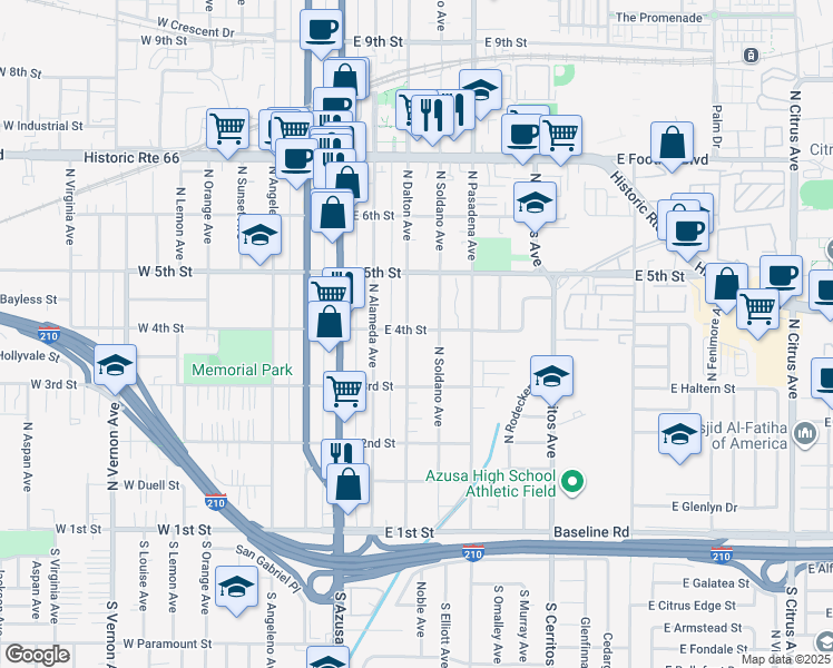 map of restaurants, bars, coffee shops, grocery stores, and more near 328 East 4th Street in Azusa