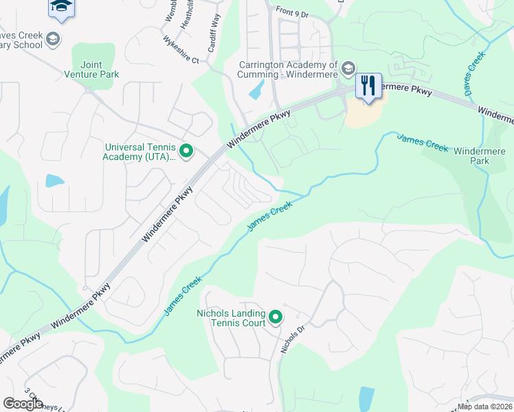 map of restaurants, bars, coffee shops, grocery stores, and more near 4615 Wildener Way in Cumming