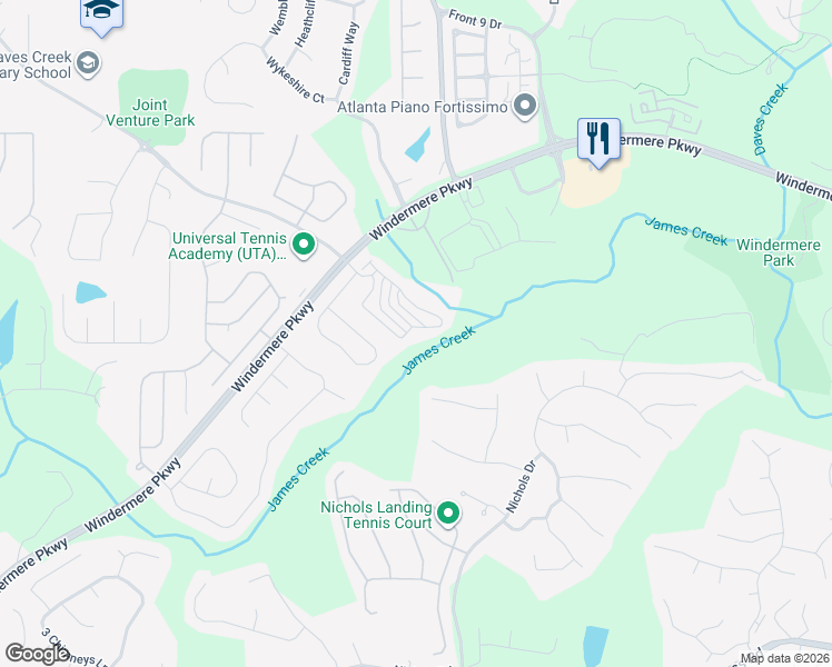map of restaurants, bars, coffee shops, grocery stores, and more near 4615 Wildener Way in Cumming