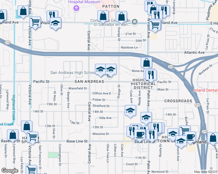 map of restaurants, bars, coffee shops, grocery stores, and more near 1575 Olive Tree Lane in Highland