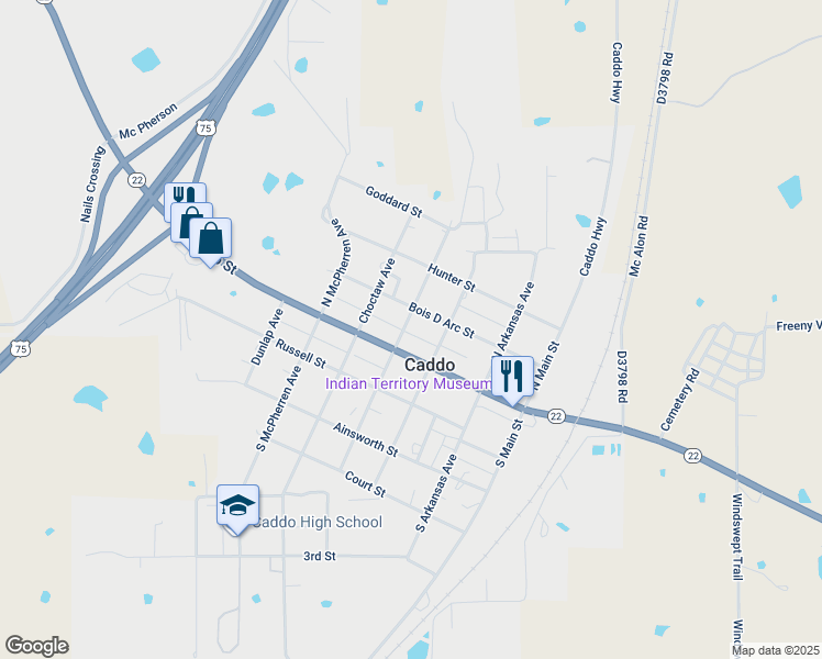 map of restaurants, bars, coffee shops, grocery stores, and more near 114 Henderson Avenue in Caddo