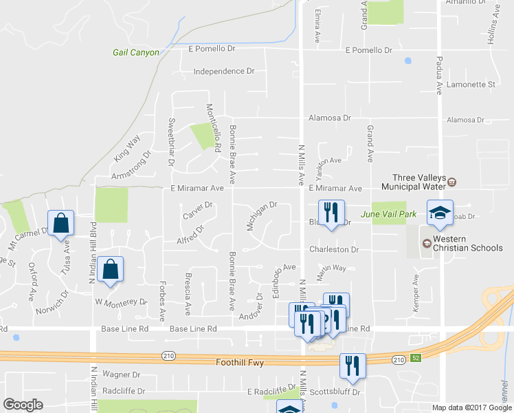 map of restaurants, bars, coffee shops, grocery stores, and more near 347 Indiana Avenue in Claremont